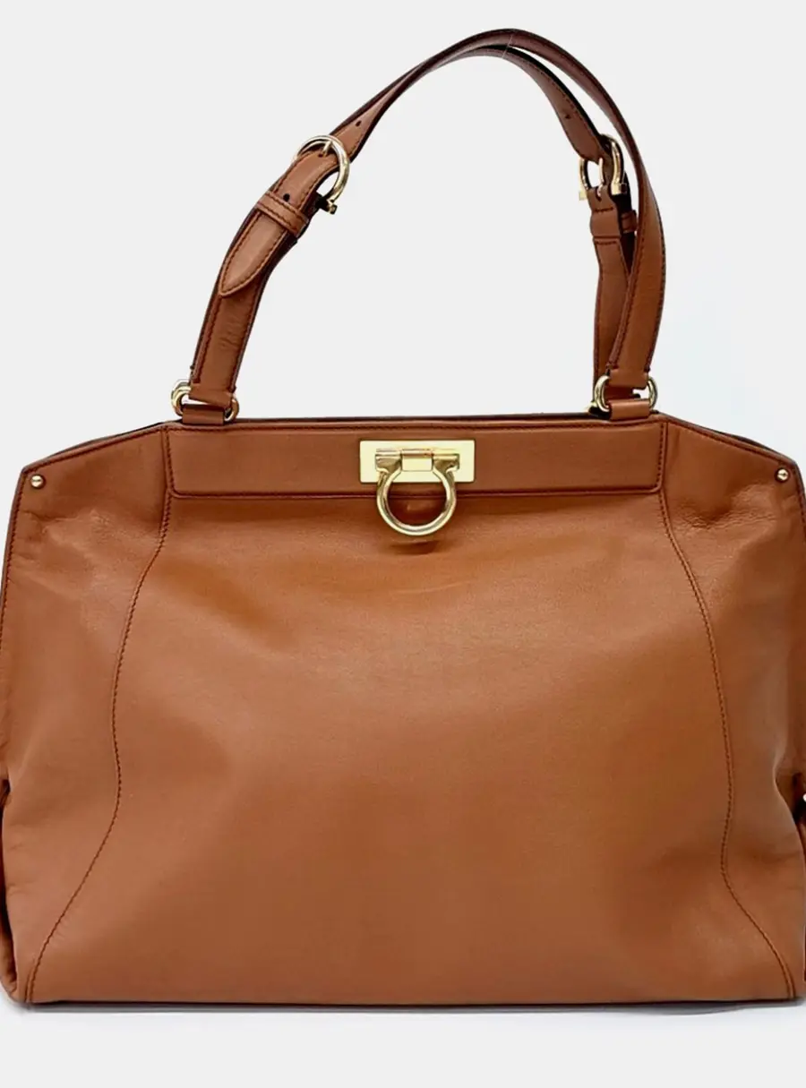 Ferragamo Leather Brown Gancini Tote Bag