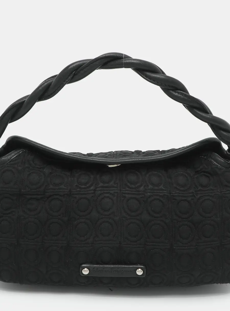 Salvatore Ferragamo Black Jacquard and Leather Shoulder Bag