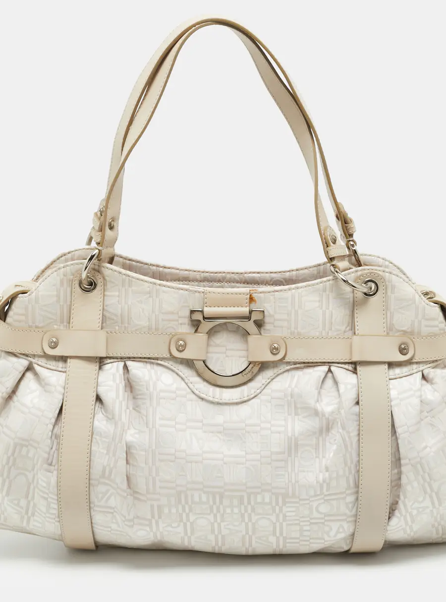 Salvatore Ferragamo Beige Logo Jacquard Fabric and Leather Shoulder Bag