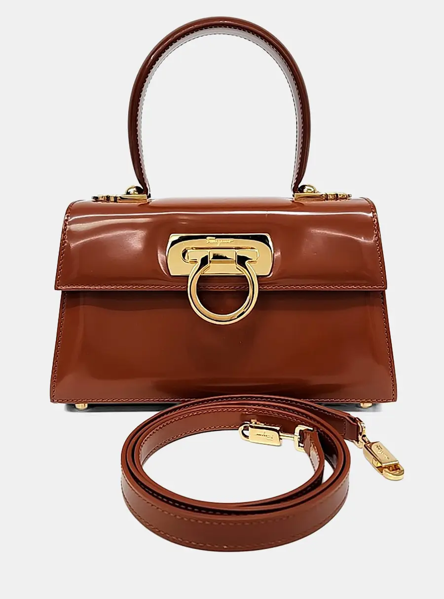 Salvatore Ferragamo Brown Leather Gancini Tote and Shoulder Bag GHW