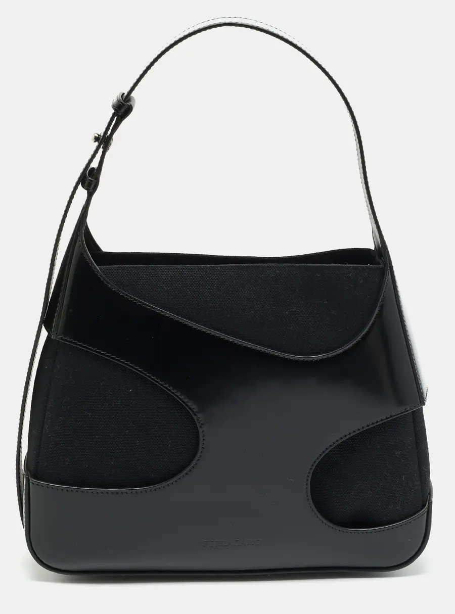 Salvatore Ferragamo Cut Out Medium Black Canvas and Patent Leather Shoulder Bag