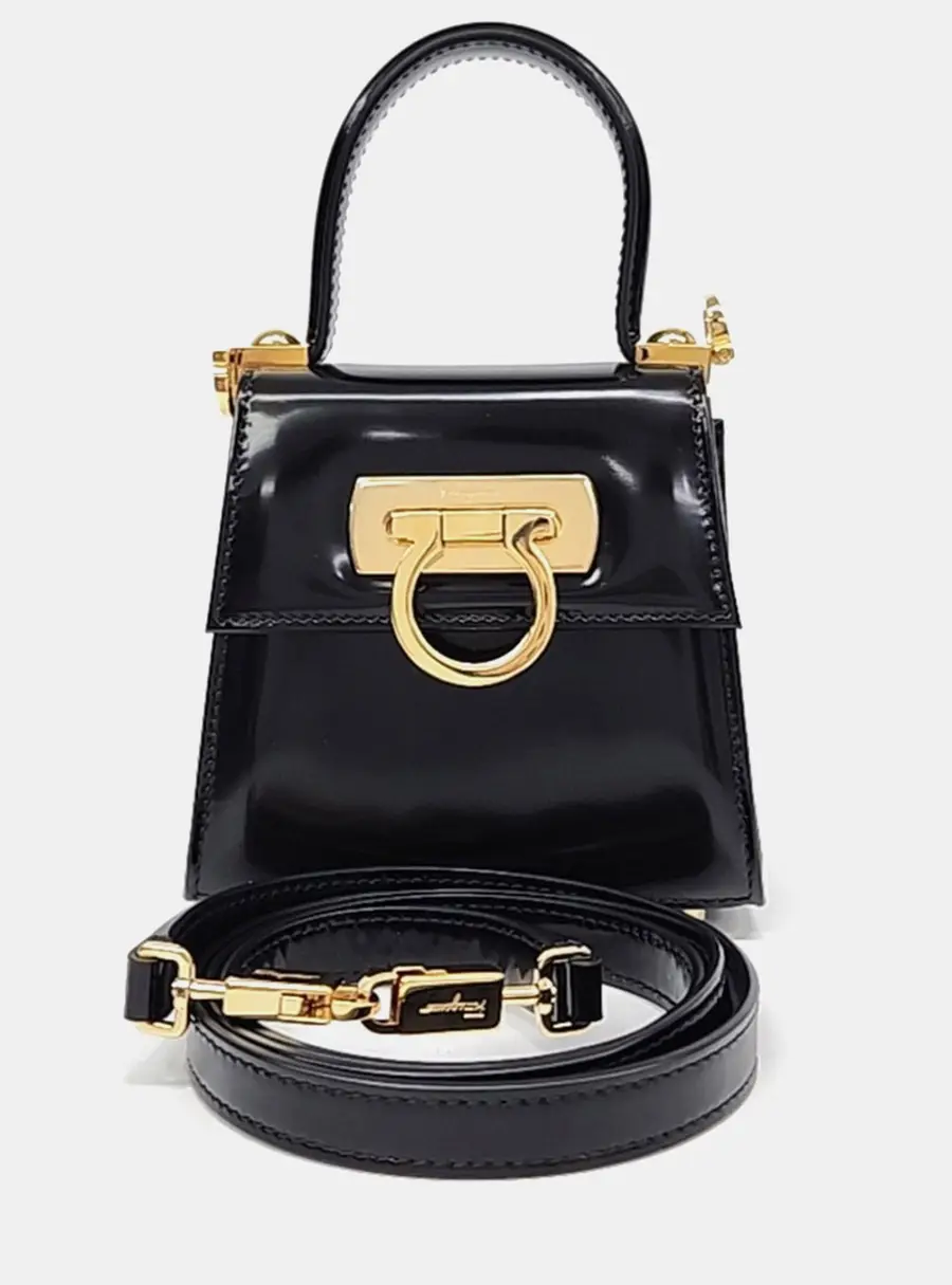 Salvatore Ferragamo Kelly Mini Black Patent Leather Top Handle Bag