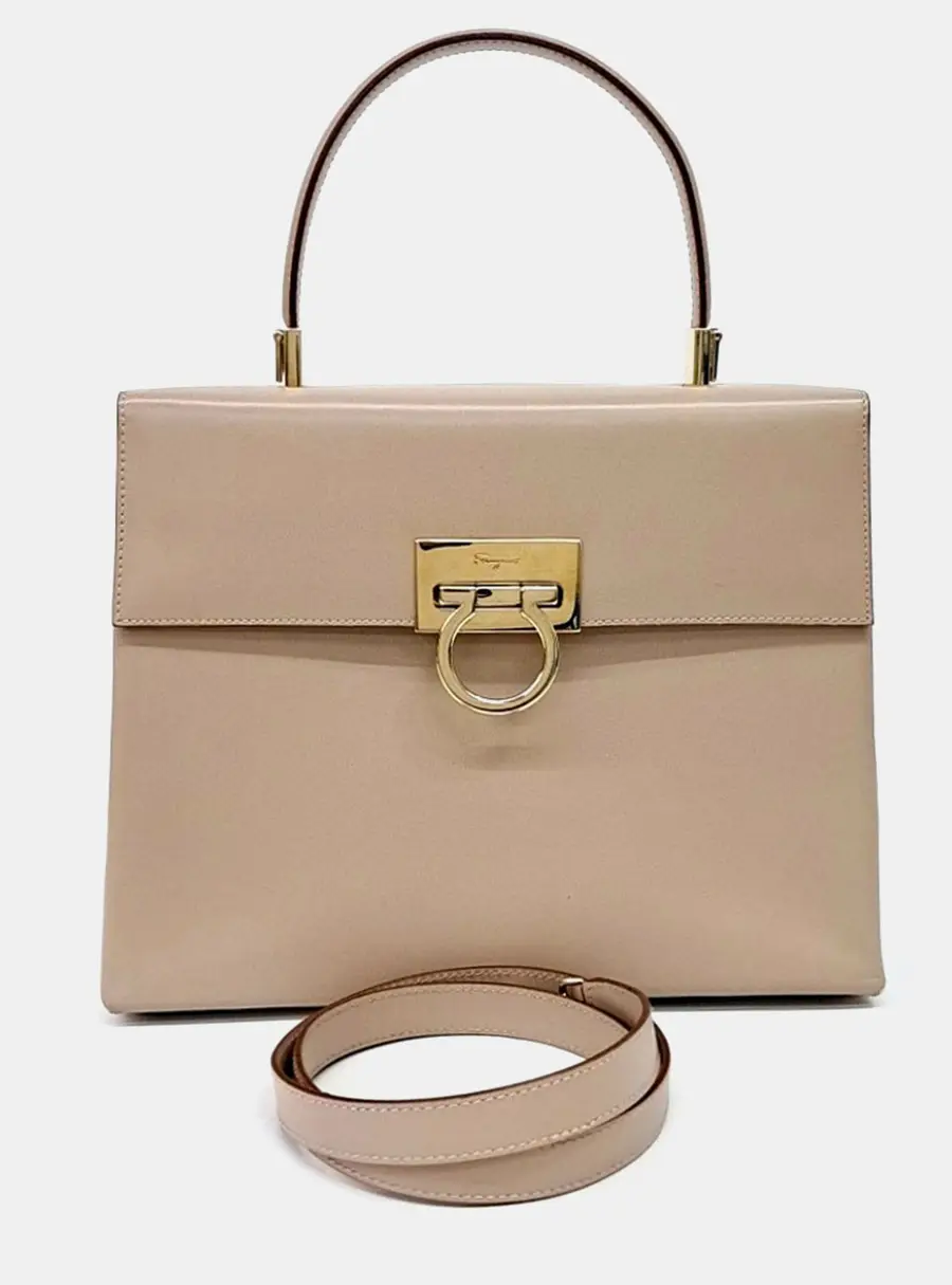 Salvatore Ferragamo Beige Leather Gancini Tote and Shoulder Bag