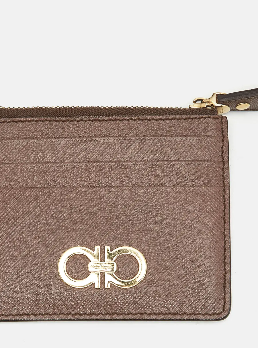 Salvatore Ferragamo Gancini Zip Beige Leather Card Holder