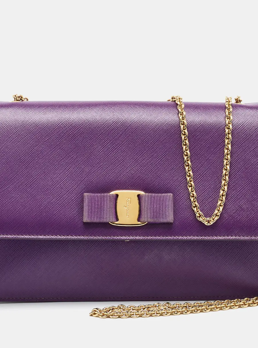 Salvatore Ferragamo Vara Bow Purple Leather Chain Shoulder Bag