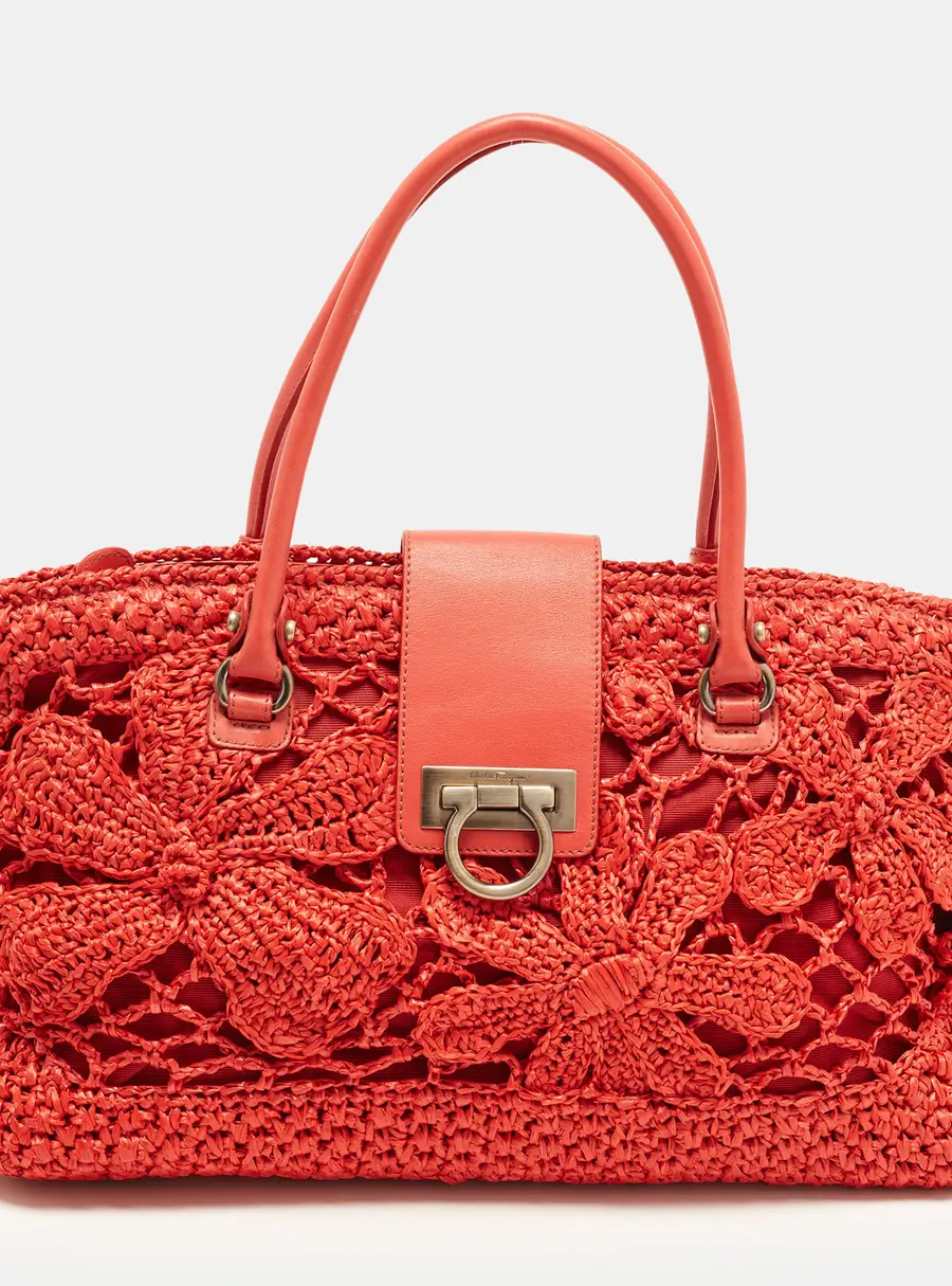 Salvatore Ferragamo Red Woven Straw and Leather Flap Satchel