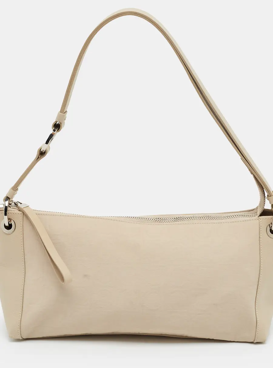 Salvatore Ferragamo Gancini Print Beige Fabric and Leather Shoulder Bag