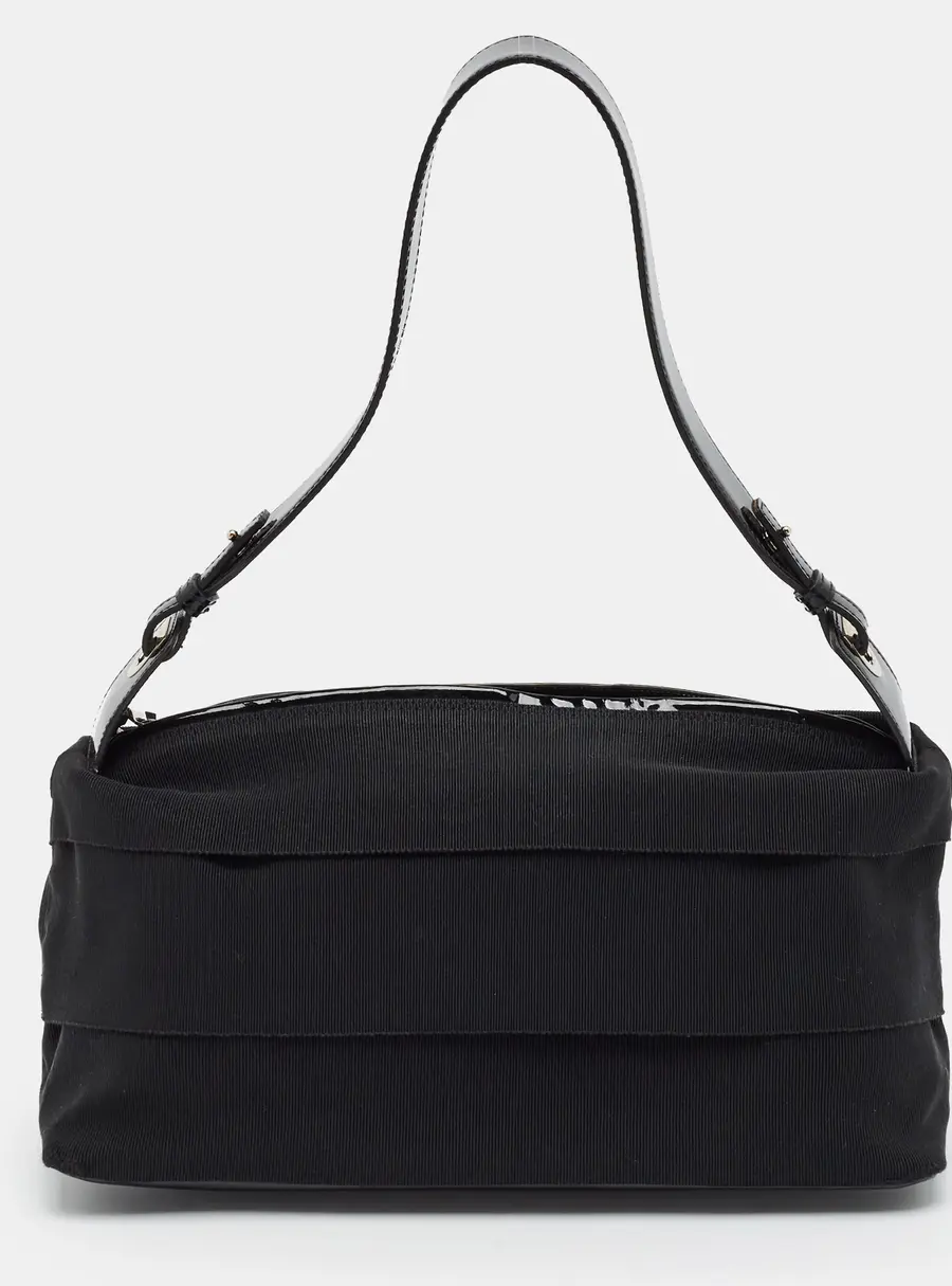 Salvatore Ferragamo Pleated Black Fabric and Patent Leather Shoulder Bag