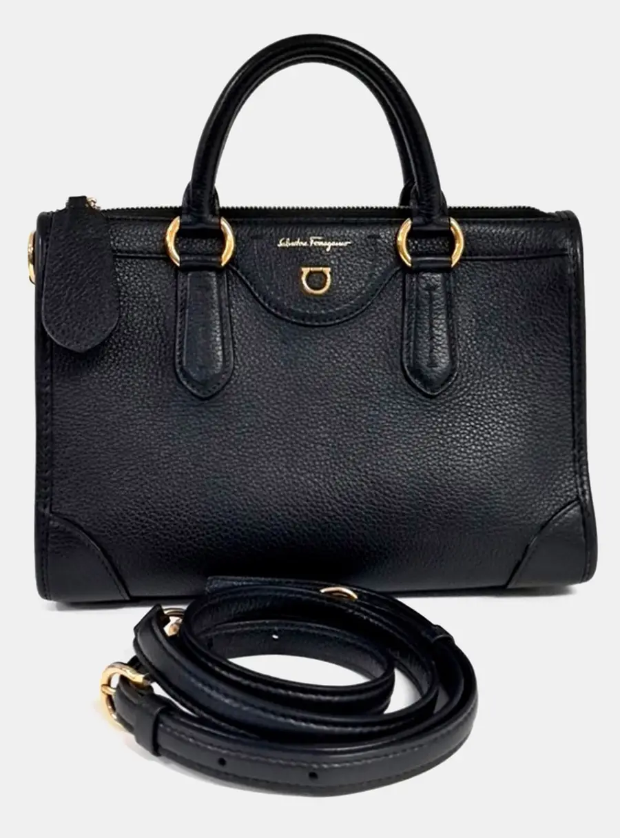 Salvatore Ferragamo Black Leather Gancini Travel Top Handle Bag