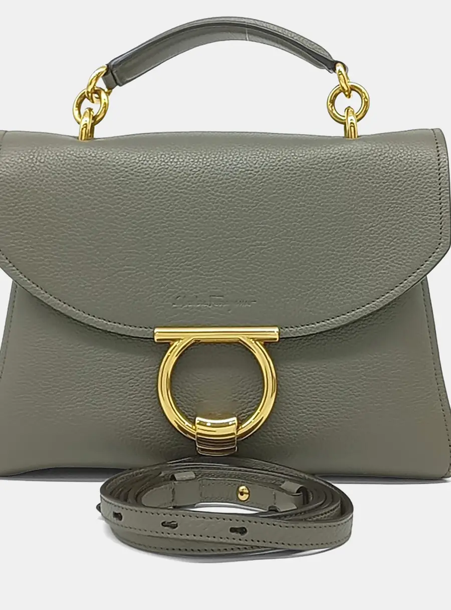 Ferragamo Gancini Margot Medium Green Leather Top Handle Bag