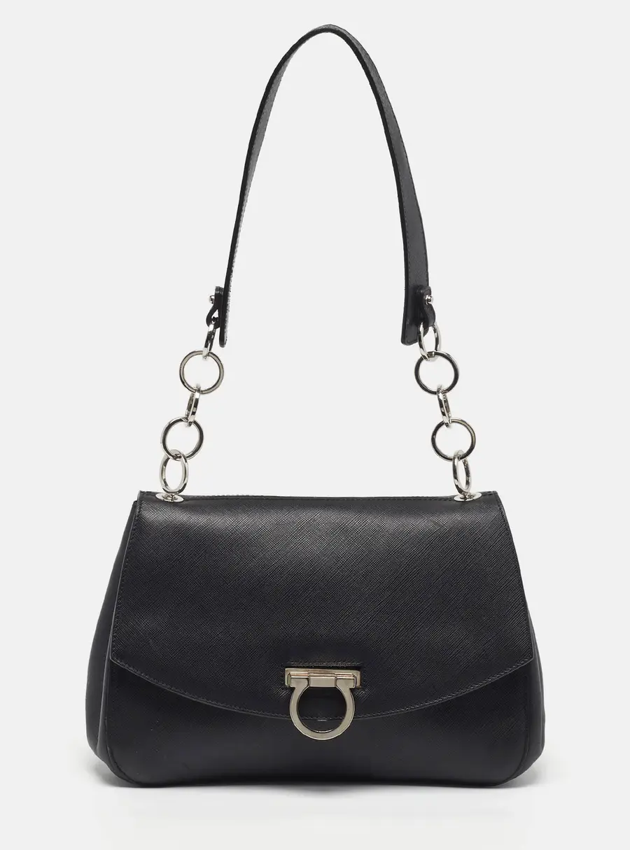 Salvatore Ferragamo Gancini Flap Black Leather Shoulder Bag