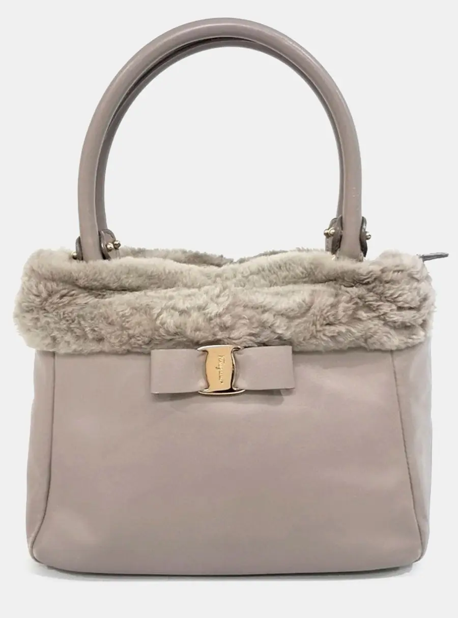 Salvatore Ferragamo Grey Canvas and Leather Fur-Trimmed Tote Bag