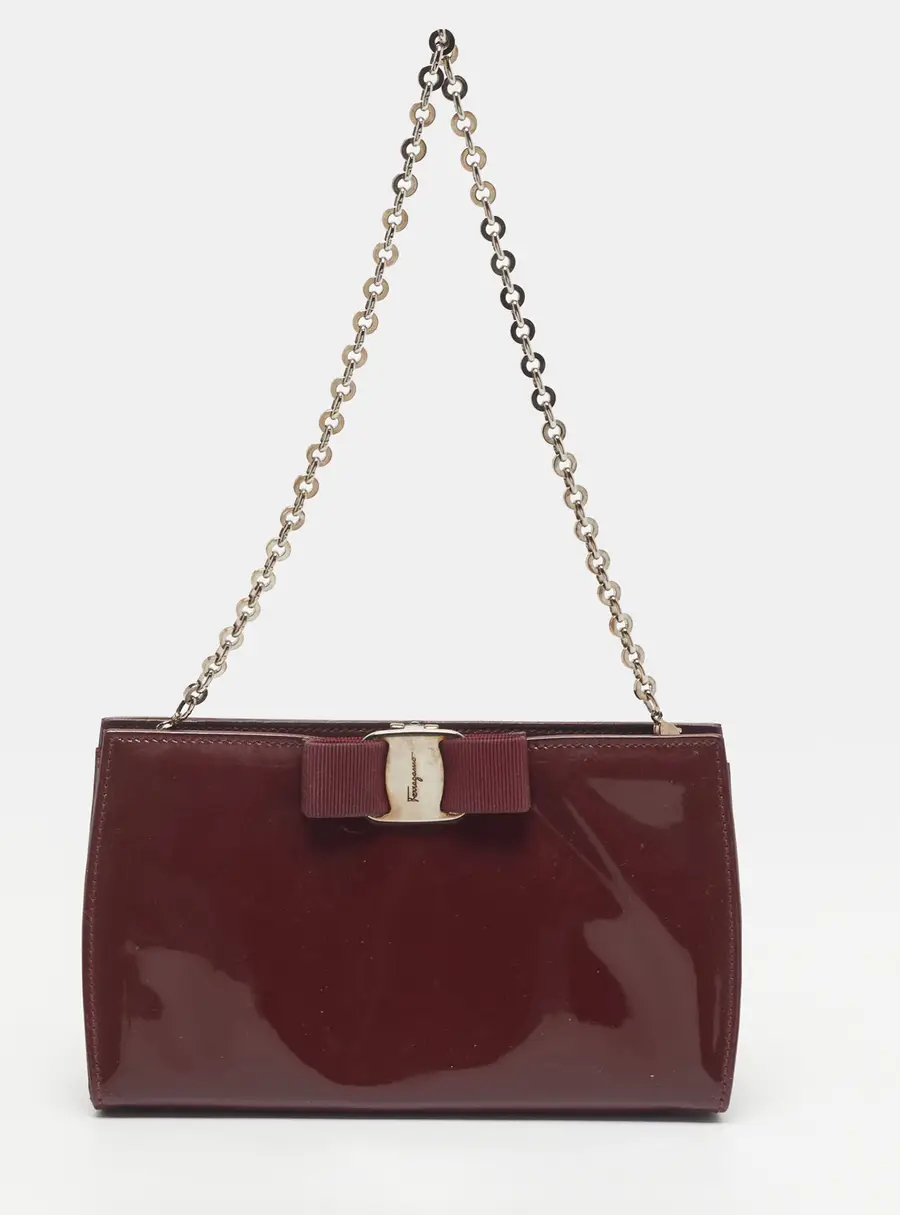 Salvatore Ferragamo Miss Vara Burgundy Patent Leather Chain Clutch