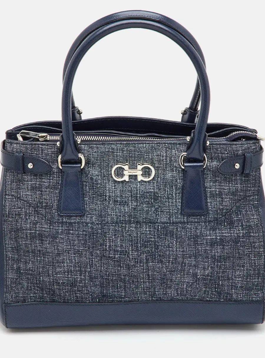 Salvatore Ferragamo Navy Blue Suede and Leather Gancini Tote