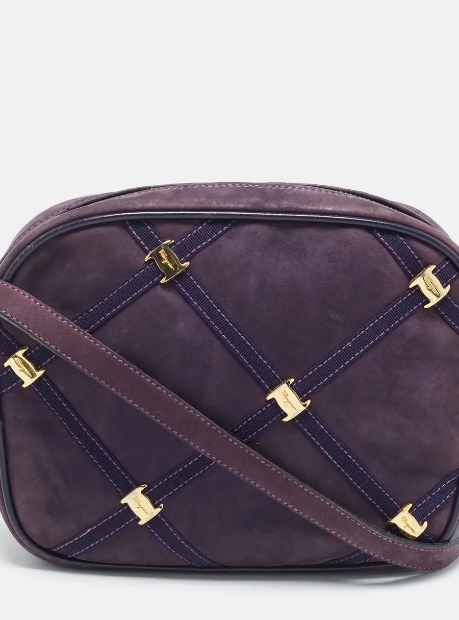 Salvatore Ferragamo Quilted Studded Purple Nubuck Leather Crossbody Bag