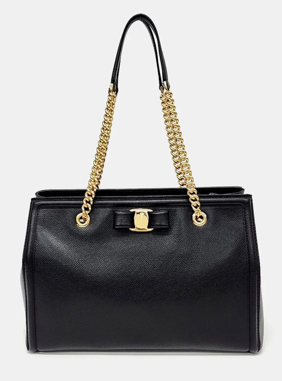 Salvatore Ferragamo Black Leather Vara Chain Shoulder Bag