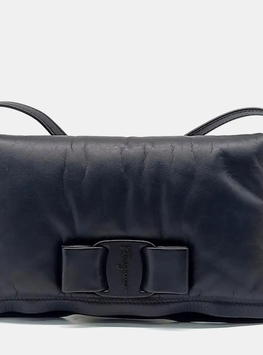 Salvatore Ferragamo Black Leather Ferragamo Viva Bow Crossbody Bag