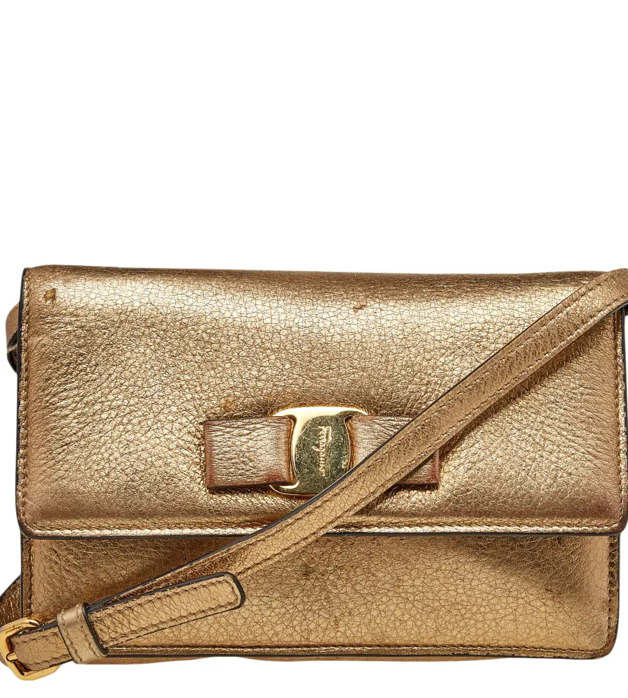 Salvatore Ferragamo Vara Bow Gold Leather Shoulder Bags