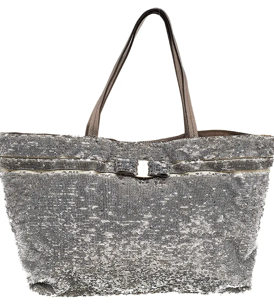 Salvatore Ferragamo Grey Leather, Nylon and Sequins Tote Bag