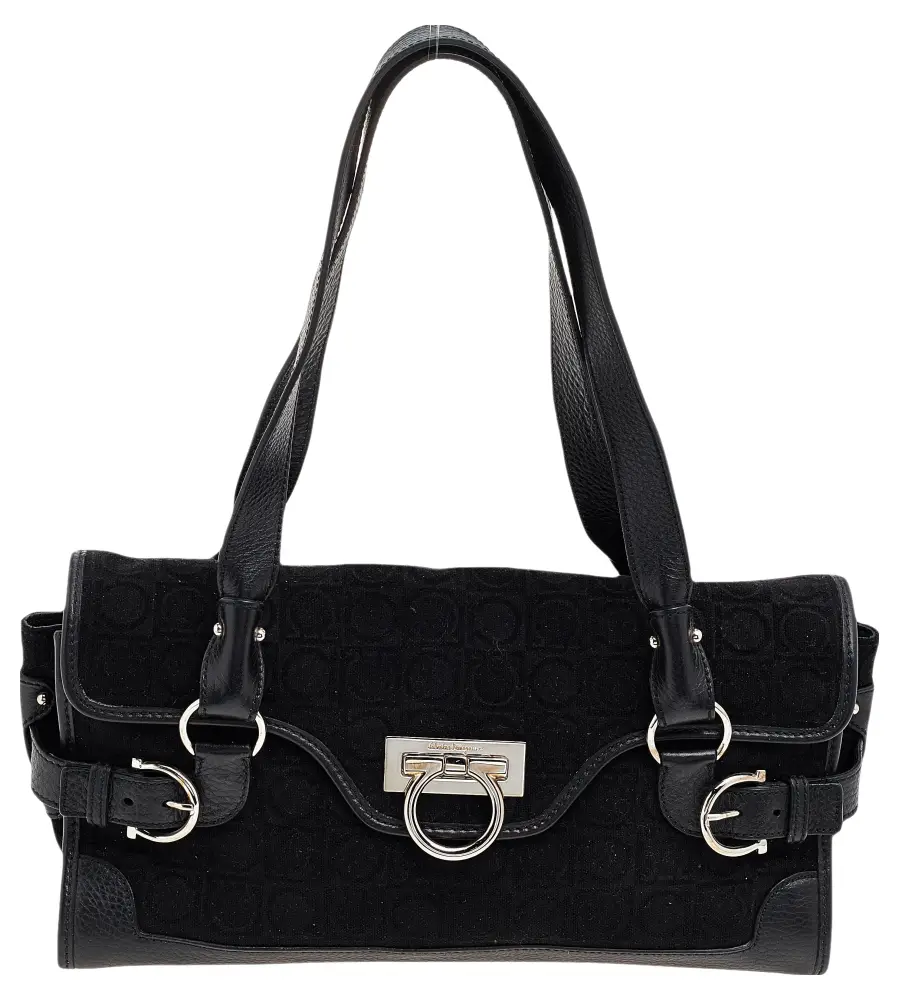 Salvatore Ferragamo Black Gancini Velvet And Leather Shoulder Bag