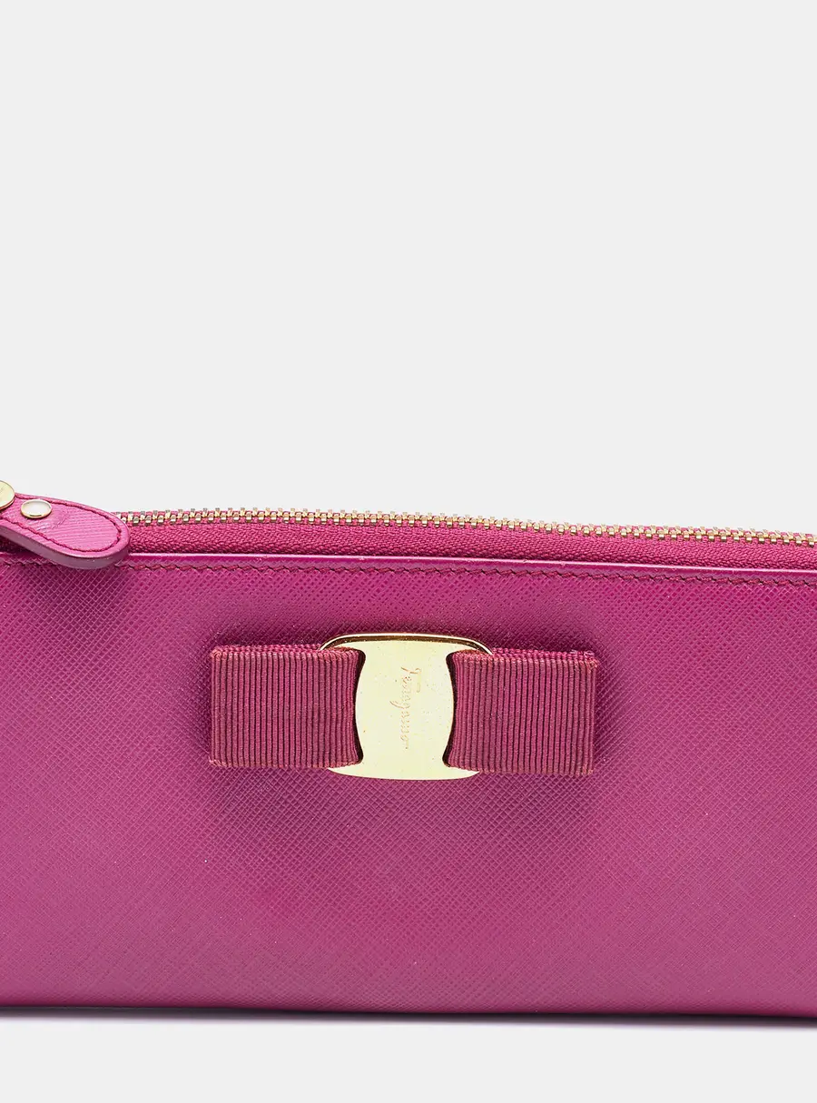 Salvatore Ferragamo Pink Saffiano Leather Vara Bow Zip Continental Wallet