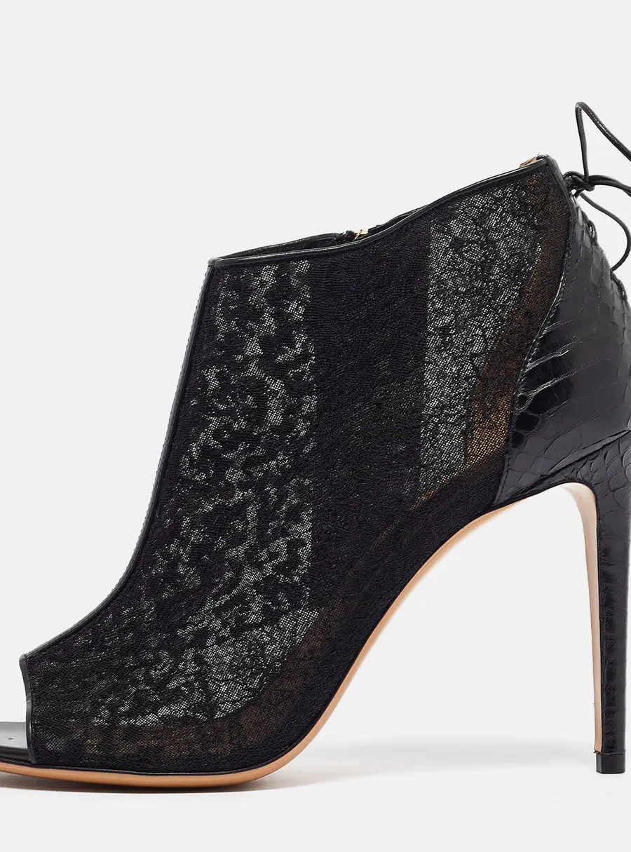 Salvatore Ferragamo Black Lace and Python Nufus Open Toe Booties Size 39.5