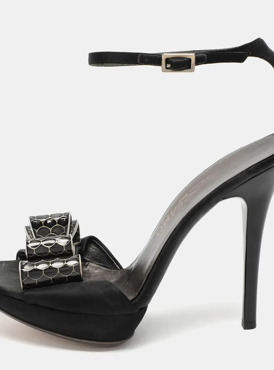 Salvatore Ferragamo Black Satin Bow Embellished Ankle Strap Sandals Size 38