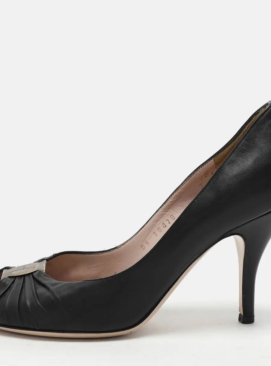 Salvatore Ferragamo Black Leather Fiberia Peep Toe Pumps Size 37.5