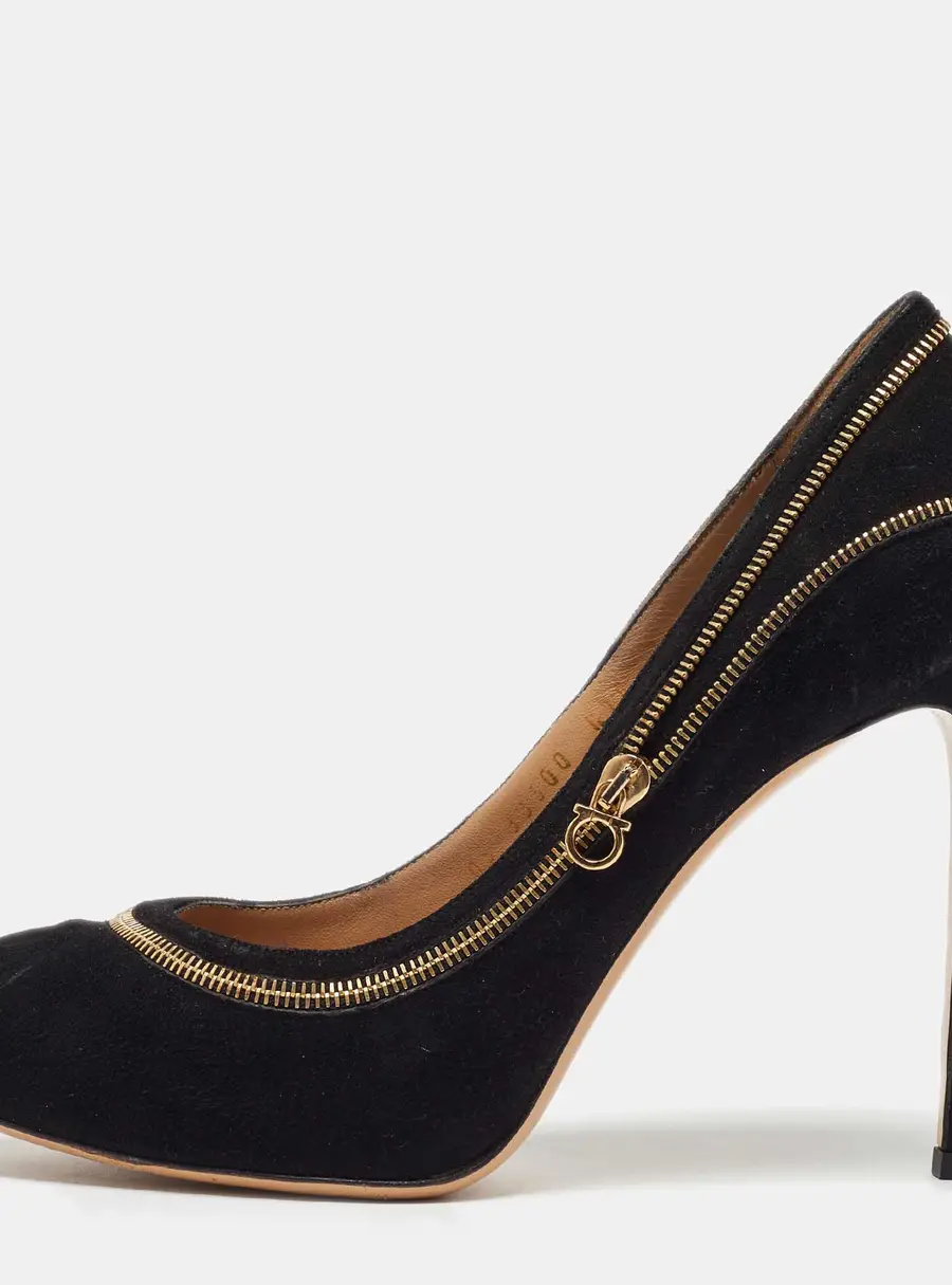 Salvatore Ferragamo Black Suede Rory Zipper Pumps Size 37.5