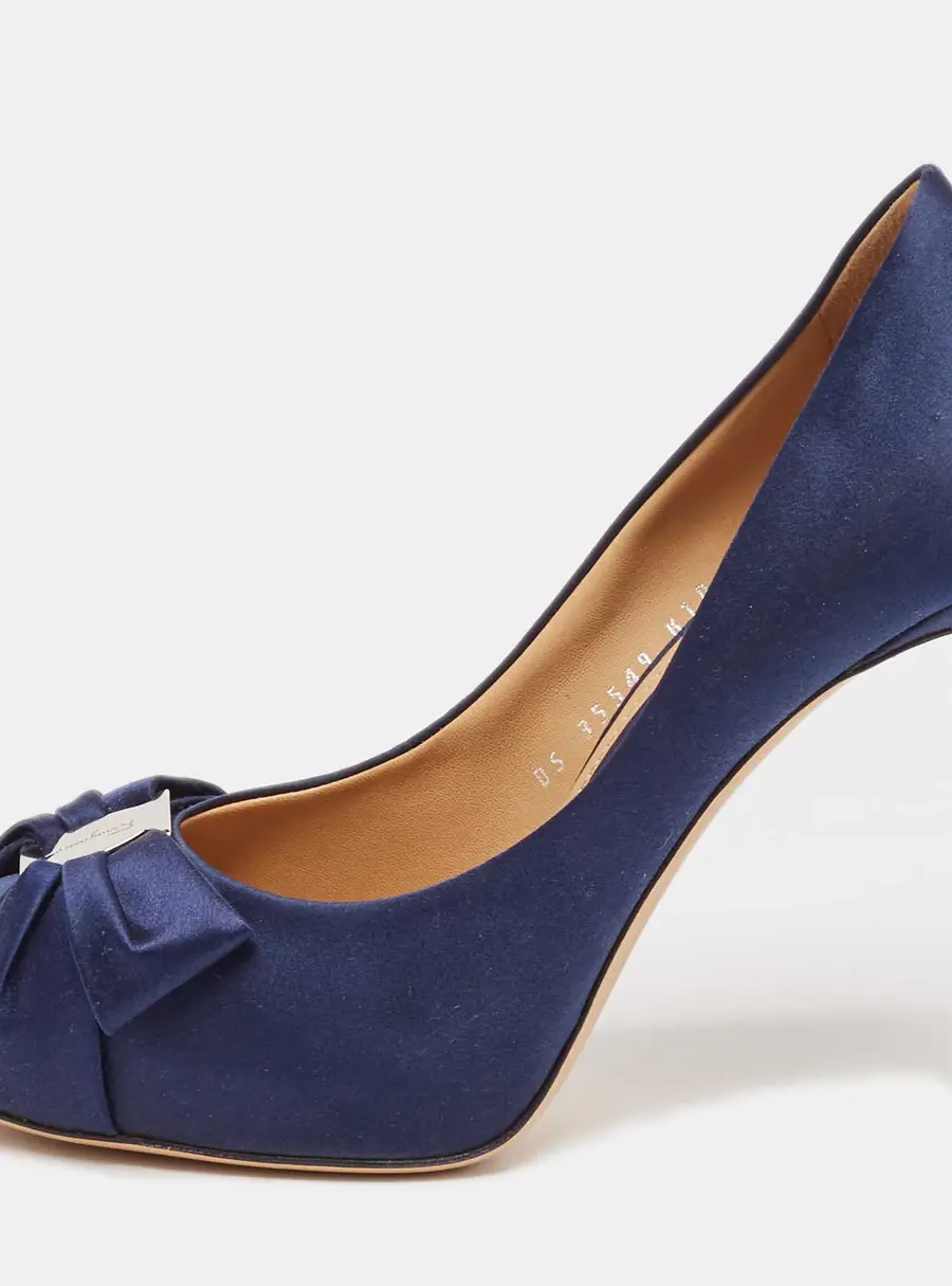 Salvatore Ferragamo Navy Blue Satin Bow Platform Pumps Size 37
