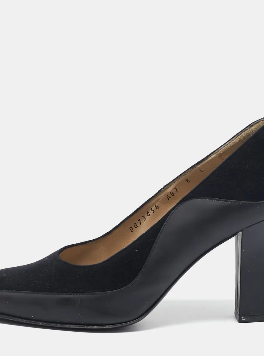 Salvatore Ferragamo Black Leather and Wool Block Heel Pumps Size 38.5