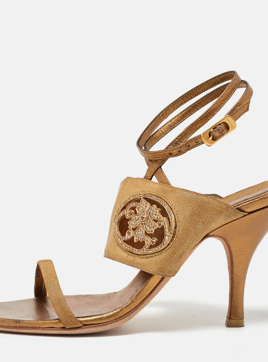 Salvatore Ferragamo Gold Canvas and Leather Ankle Strap Sandals Size 38