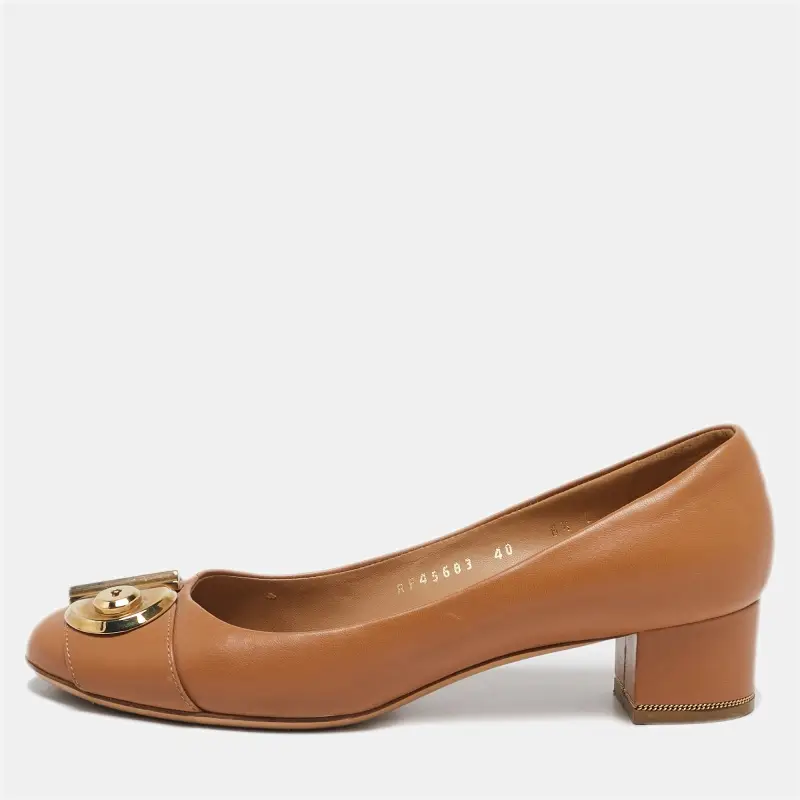 Salvatore Ferragamo Brown Leather Fiamma Keyhole Block Heel Pumps Size 40