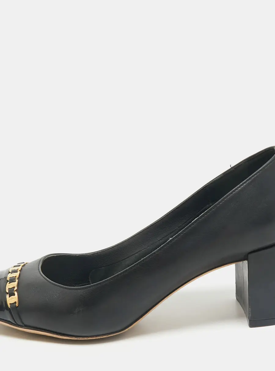 Salvatore Ferragamo Black Patent and Leather Vara Chain Pumps Size 37