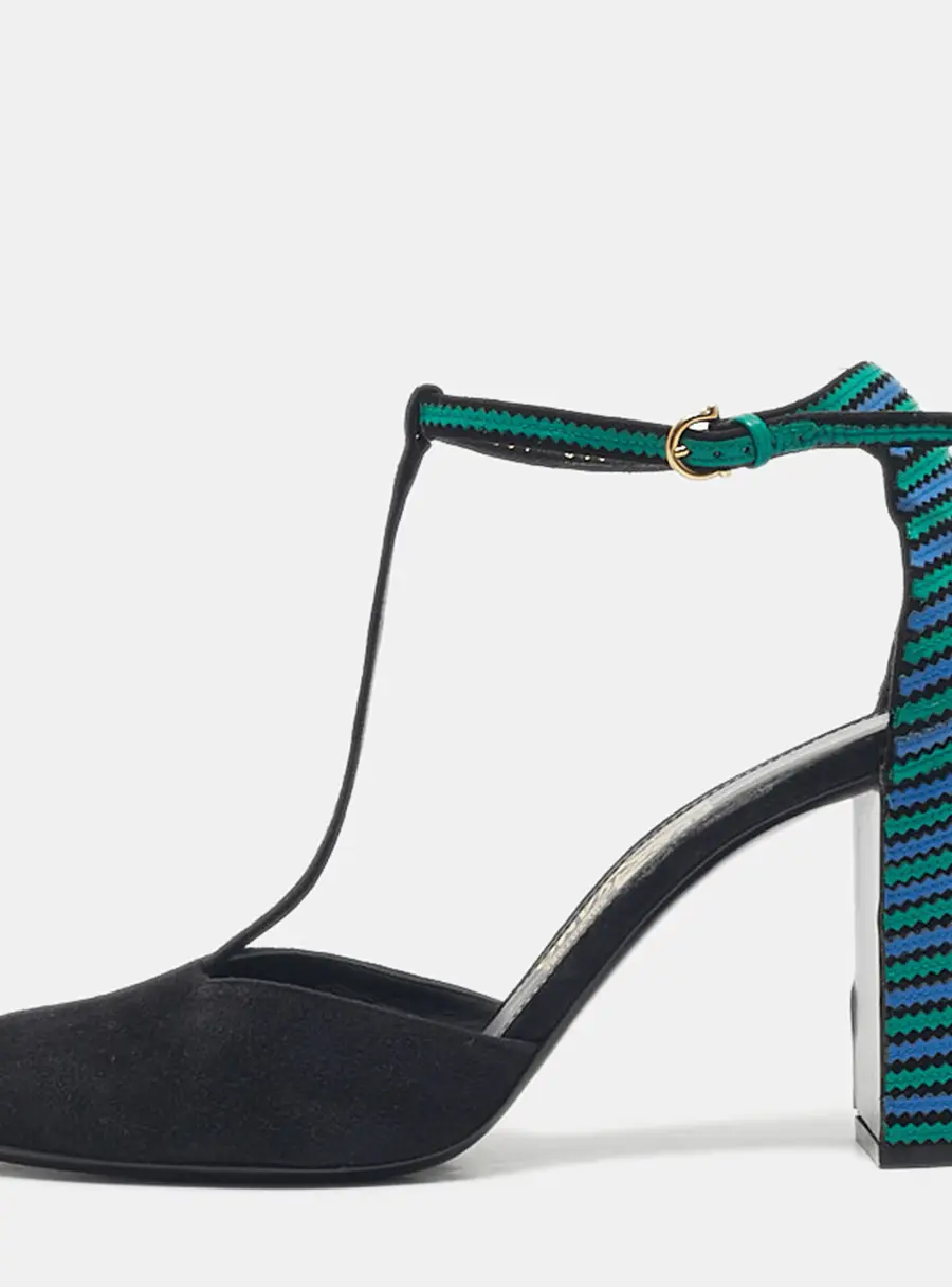Salvatore Ferragamo Black/Blue Suede And Leather Fergie T-Strap Pumps Size 40.5