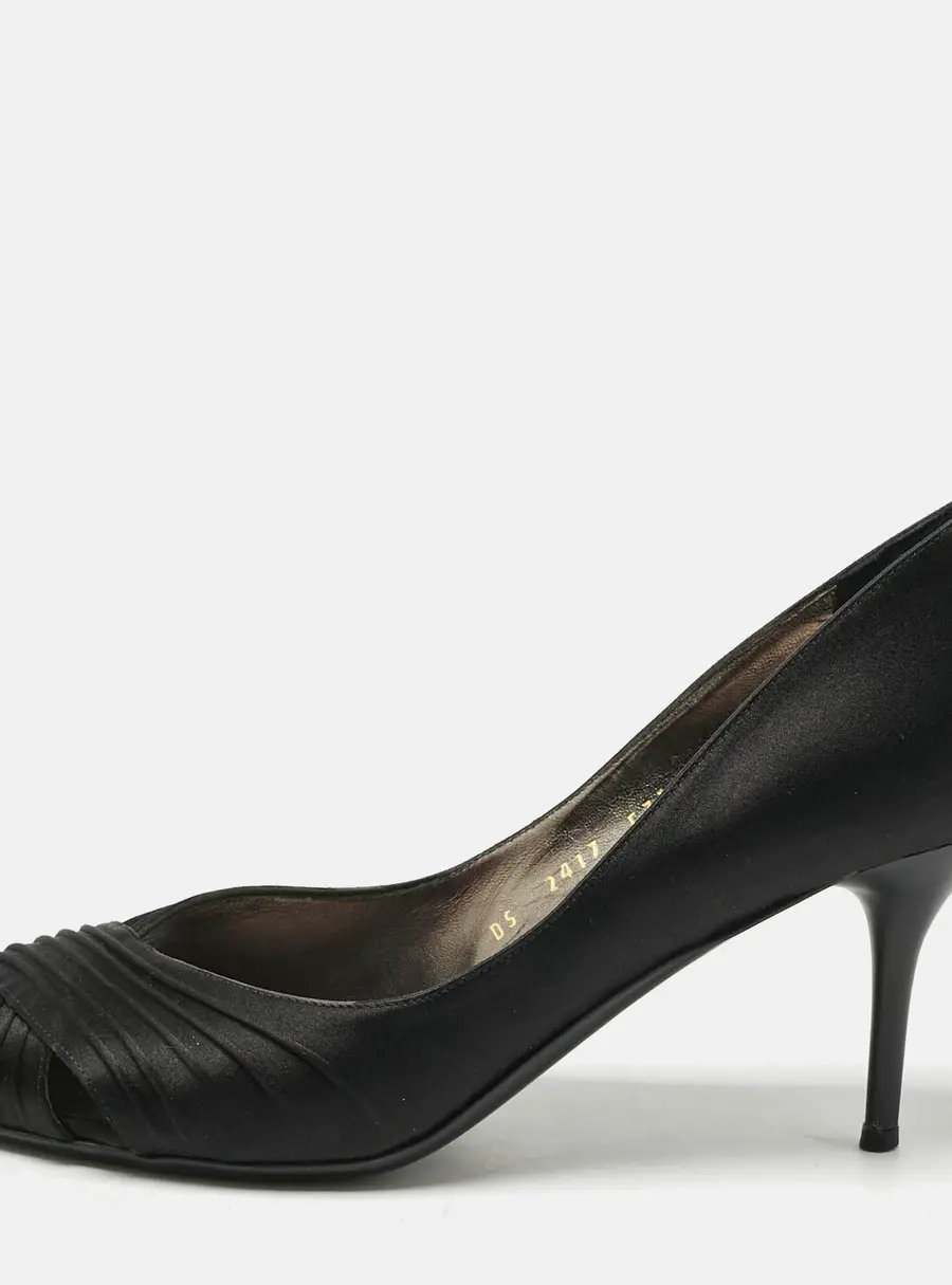 Salvatore Ferragamo Black Pleated Satin Societe Peep Toe Pumps Size 39.5