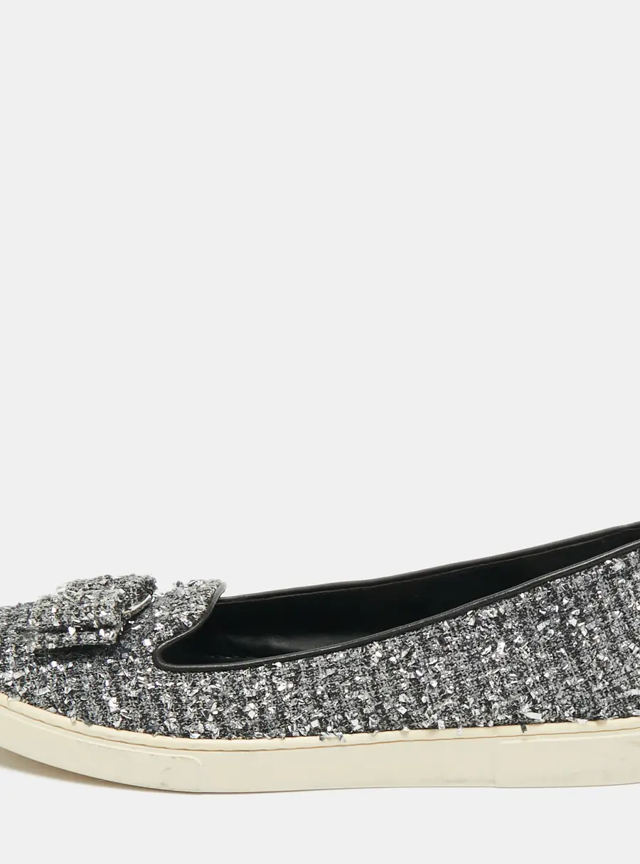 Salvatore Ferragamo Grey Tweed and Leather Novello Slip On Sneakers Size 38.5