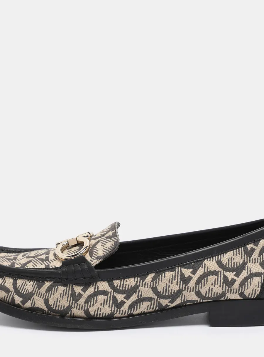 Salvatore Ferragamo Beige/Black Canvas and Leather Gancini Loafers Size 41