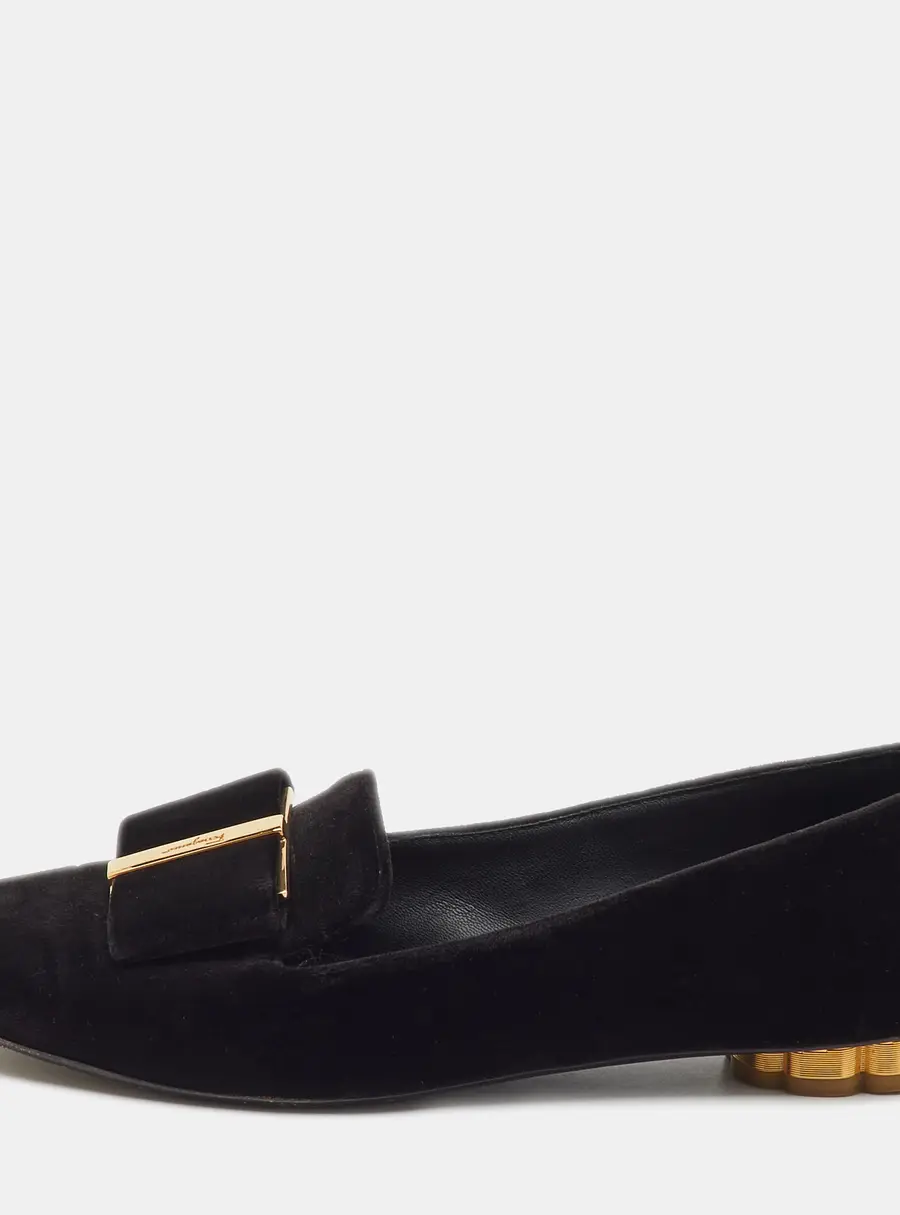Salvatore Ferragamo Black Velvet Bow Sarno Flower Heel Loafers Size 36