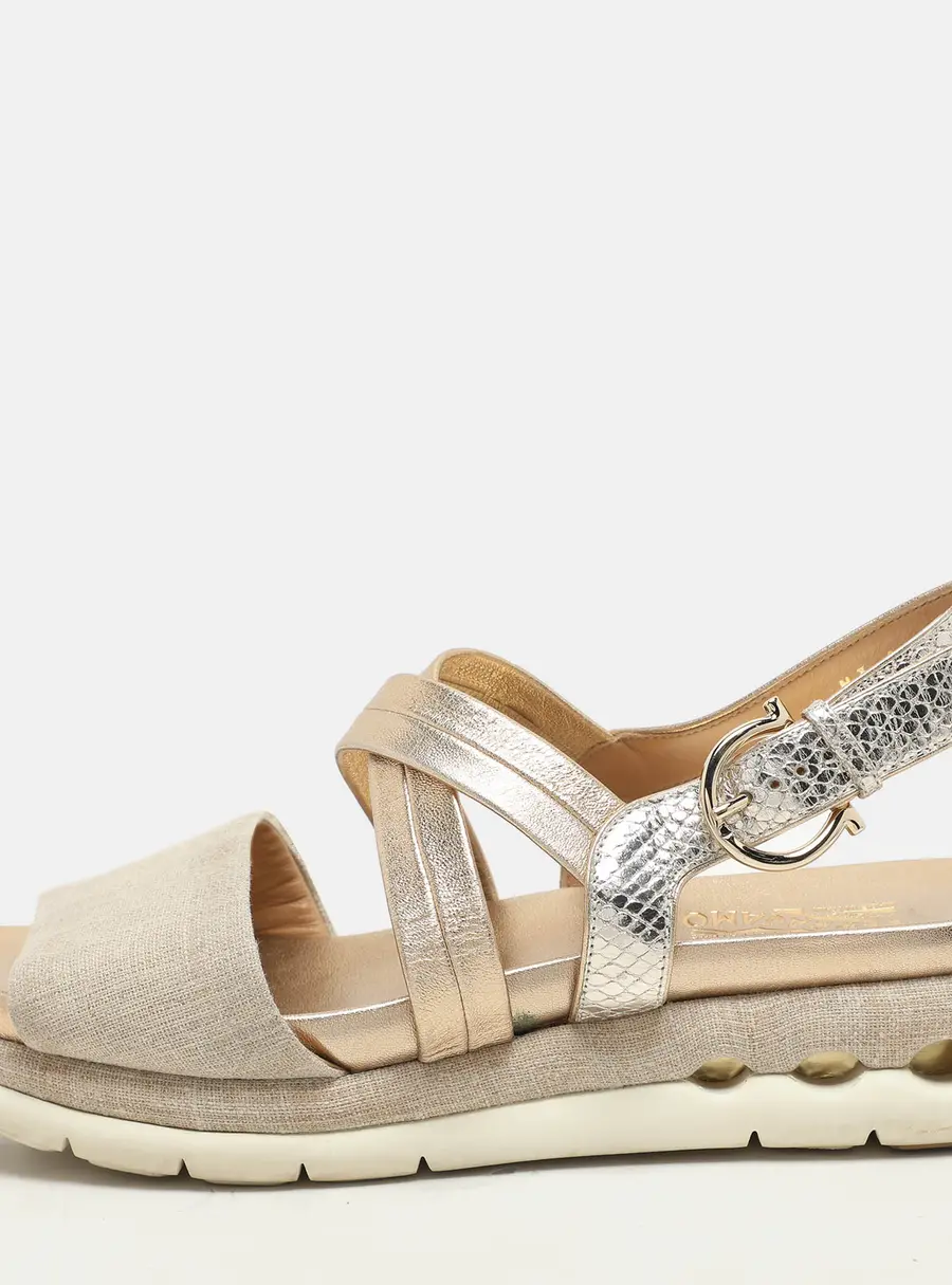 Salvatore Ferragamo Beige/Gold Canvas and Leather Gancini Platform Sandals Size 39