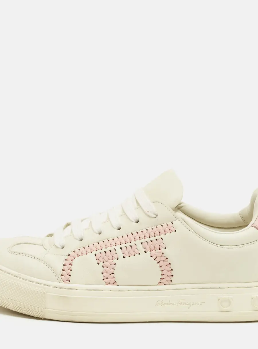 Salvatore Ferragamo Pink/White Leather Pedros Gancini Lace Up Sneakers Size 39.5