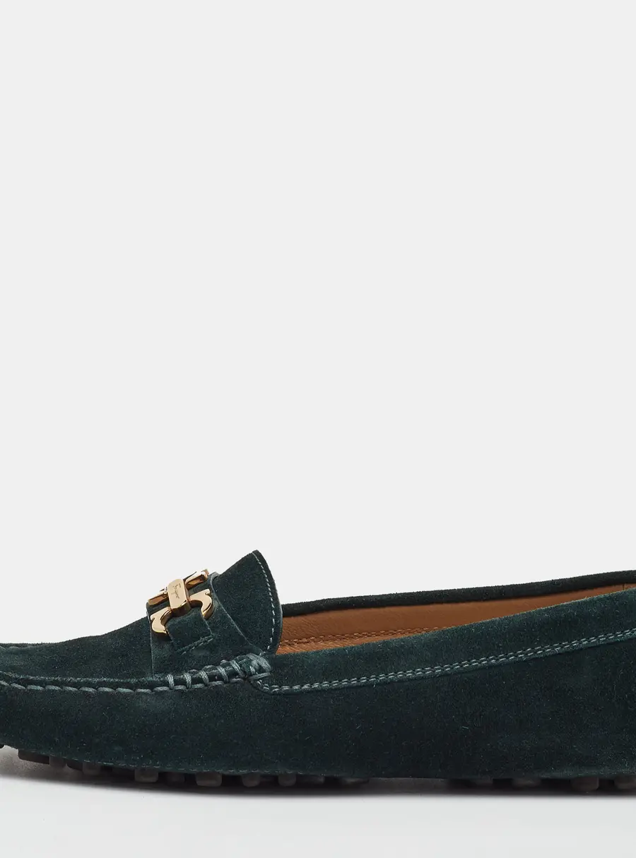Salvatore Ferragamo Gancini Size 35 Dark Green Suede Slip On Loafers
