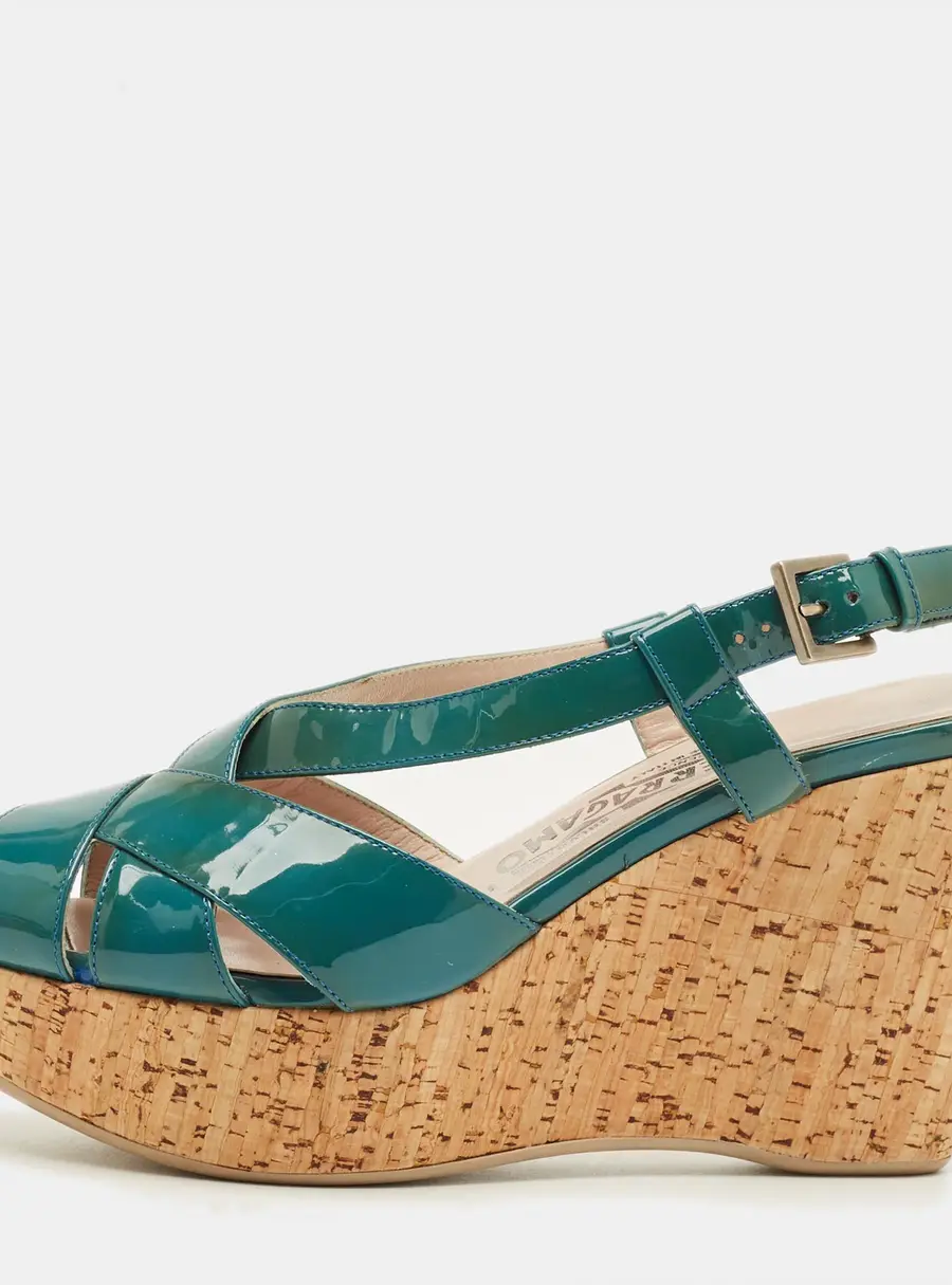 Salvatore Ferragamo Blue Patent Leather Cork Wedge Slingback Sandals Size 36.5