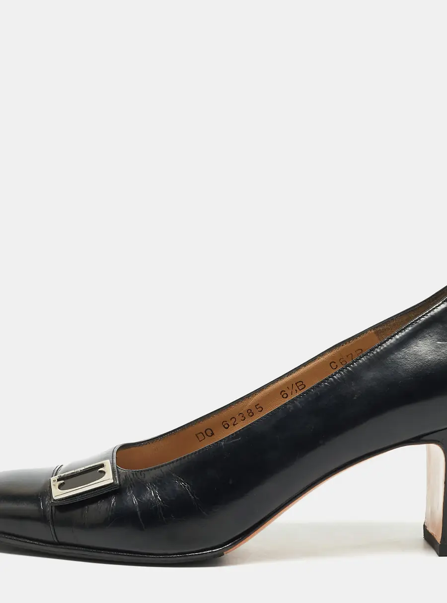 Salvatore Ferragamo Size 37 Black Leather Block Heel Pumps