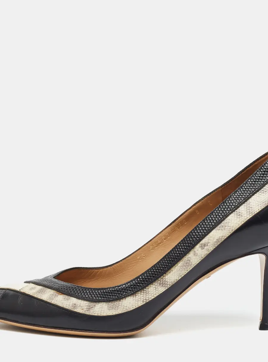 Salvatore Ferragamo Size 38.5 Black/White Karung Leather and Leather Pumps