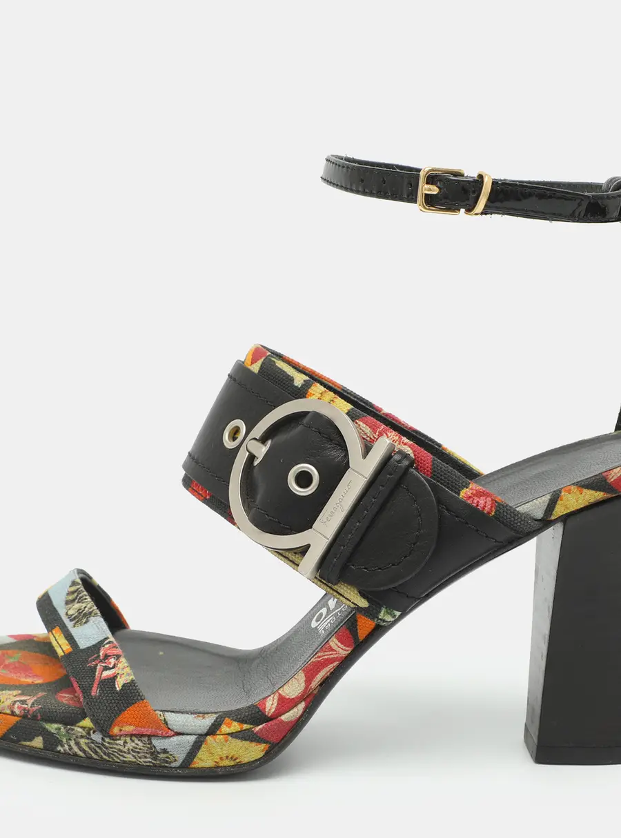 Salvatore Ferragamo Size 37.5 Multicolor Printed Canvas and Leather Ankle Strap Sandals