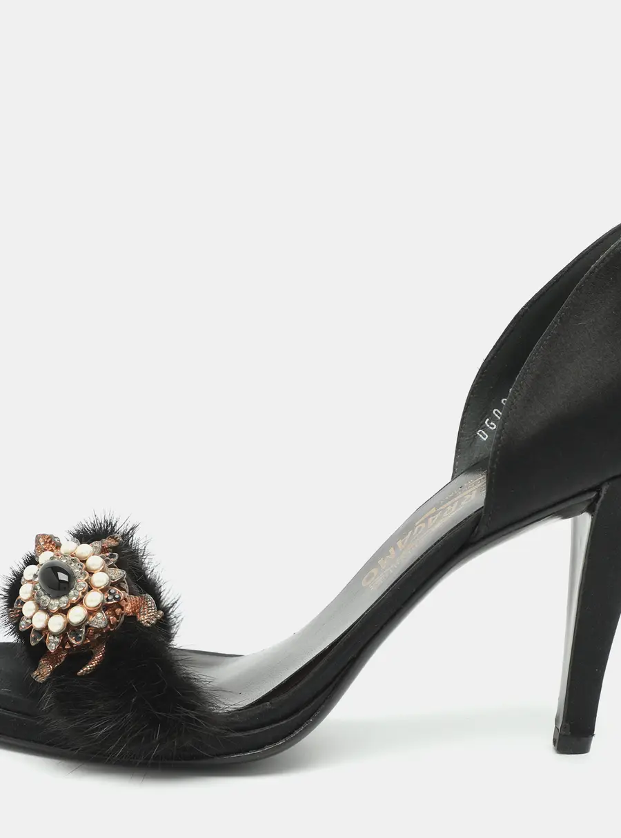 Salvatore Ferragamo Turtle Gems Size 38.5 Black Mink Fur and Satin Sandals