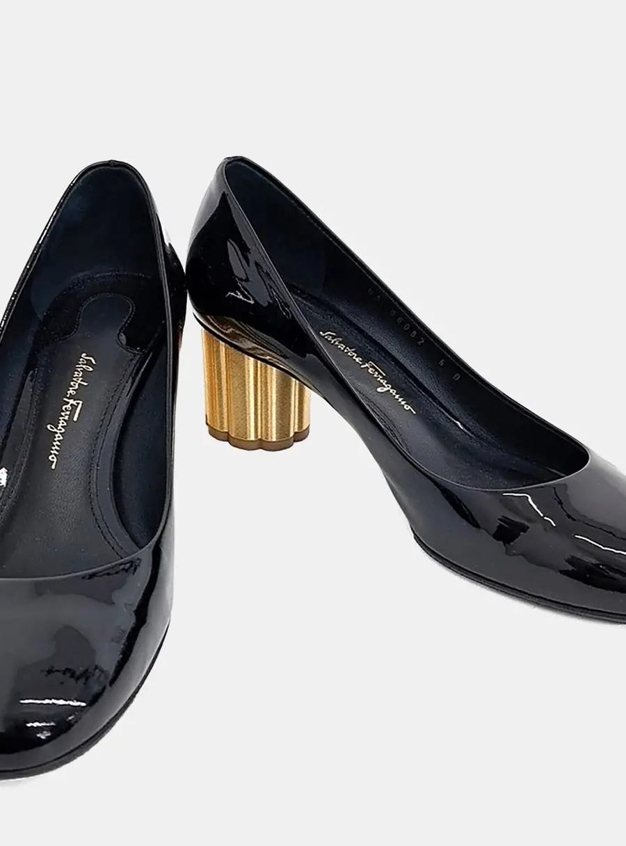 Ferragamo Black Patent Flower Heel Pumps
