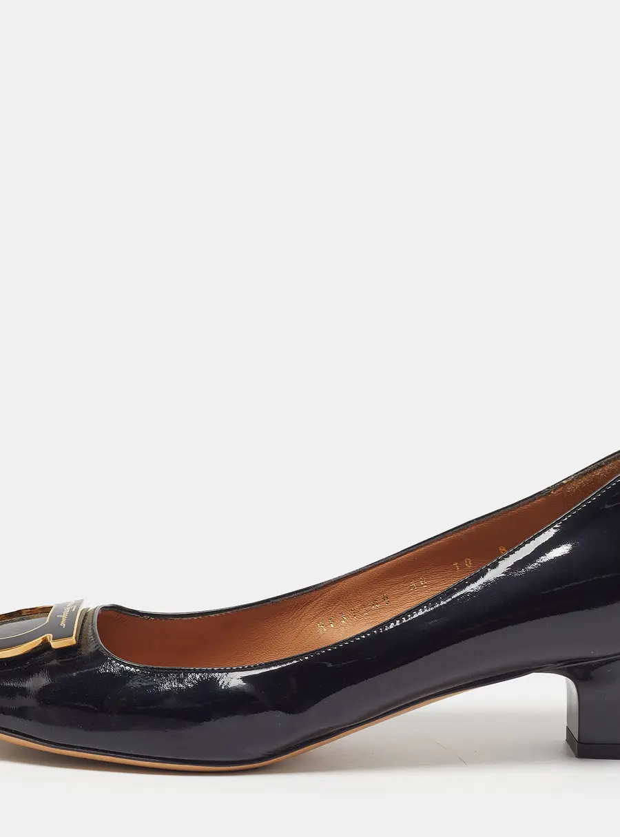 Salvatore Ferragamo Ena Size 40 Black Patent Leather Block Heel Pumps