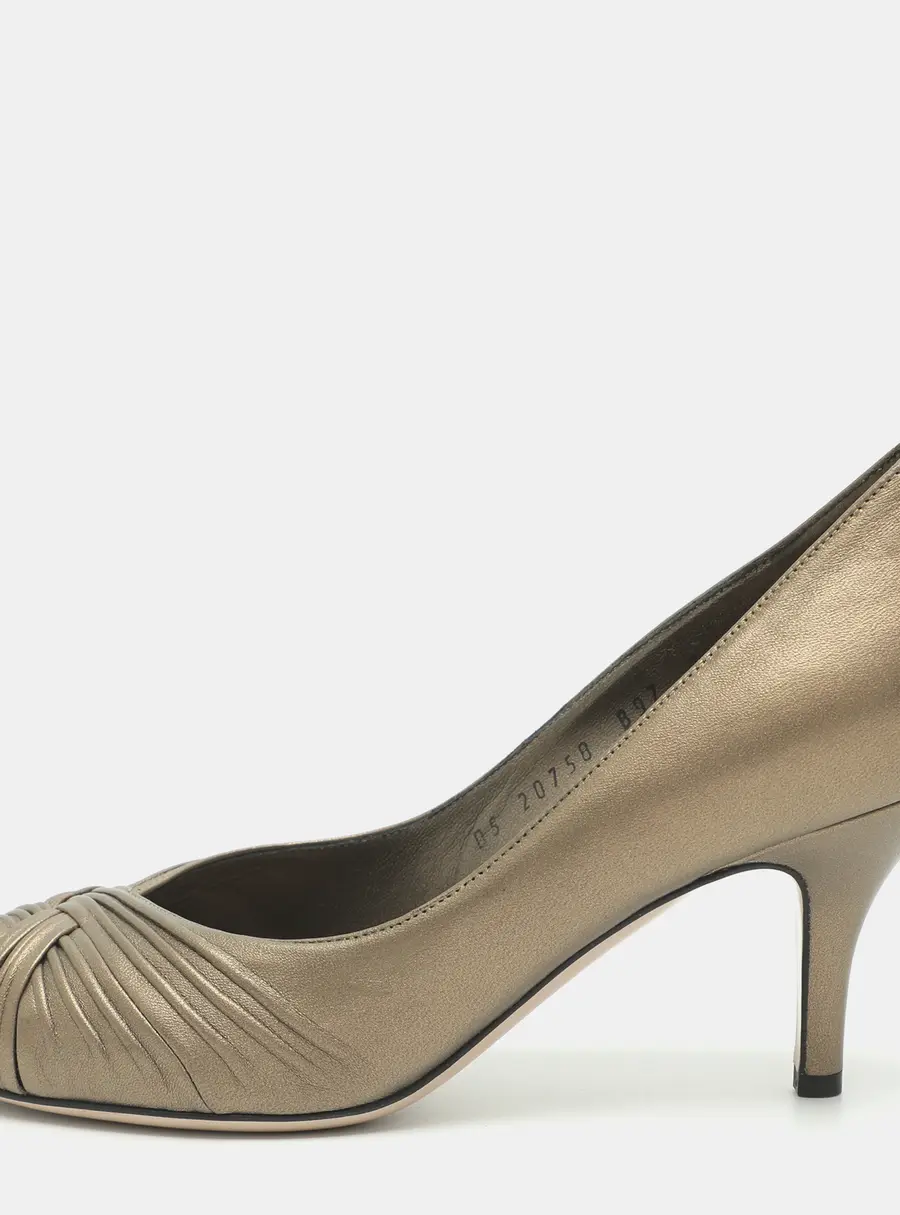 Salvatore Ferragamo Societe Size 37.5 Metallic Beige Leather Peep Toe Pumps